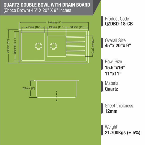 Choco Brown Quartz Double Bowl with Drainboard Kitchen Sink (45 x 20 x 9 Inches) - LIPKA - Lipka Home