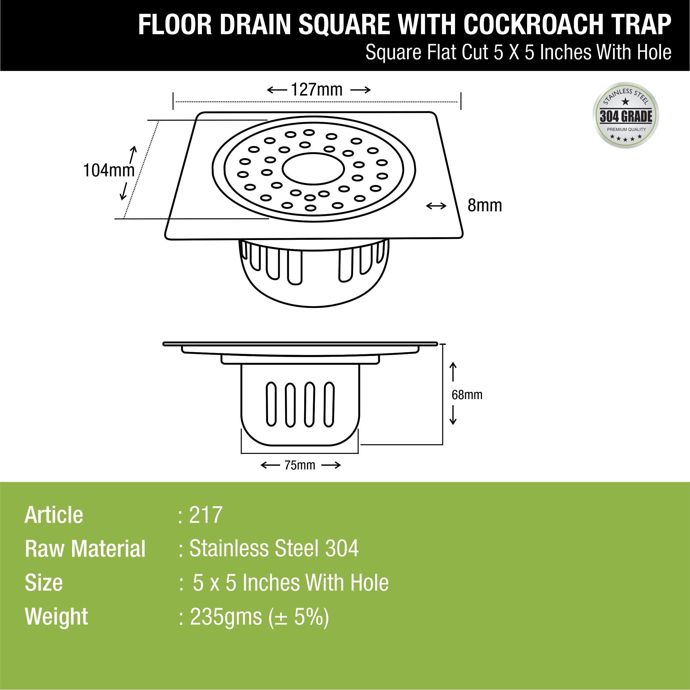 Square Flat Cut Floor Drain (5 x 5 Inches) with Hole and Cockroach Trap - LIPKA - Lipka Home