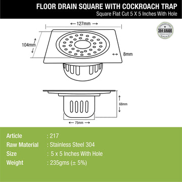 Square Flat Cut Floor Drain (5 x 5 Inches) with Hole and Cockroach Trap - LIPKA - Lipka Home