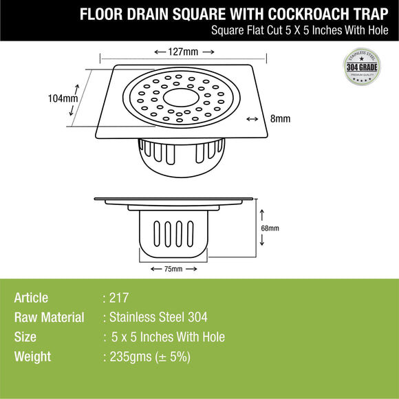 Square Flat Cut Floor Drain (5 x 5 Inches) with Hole and Cockroach Trap - LIPKA - Lipka Home