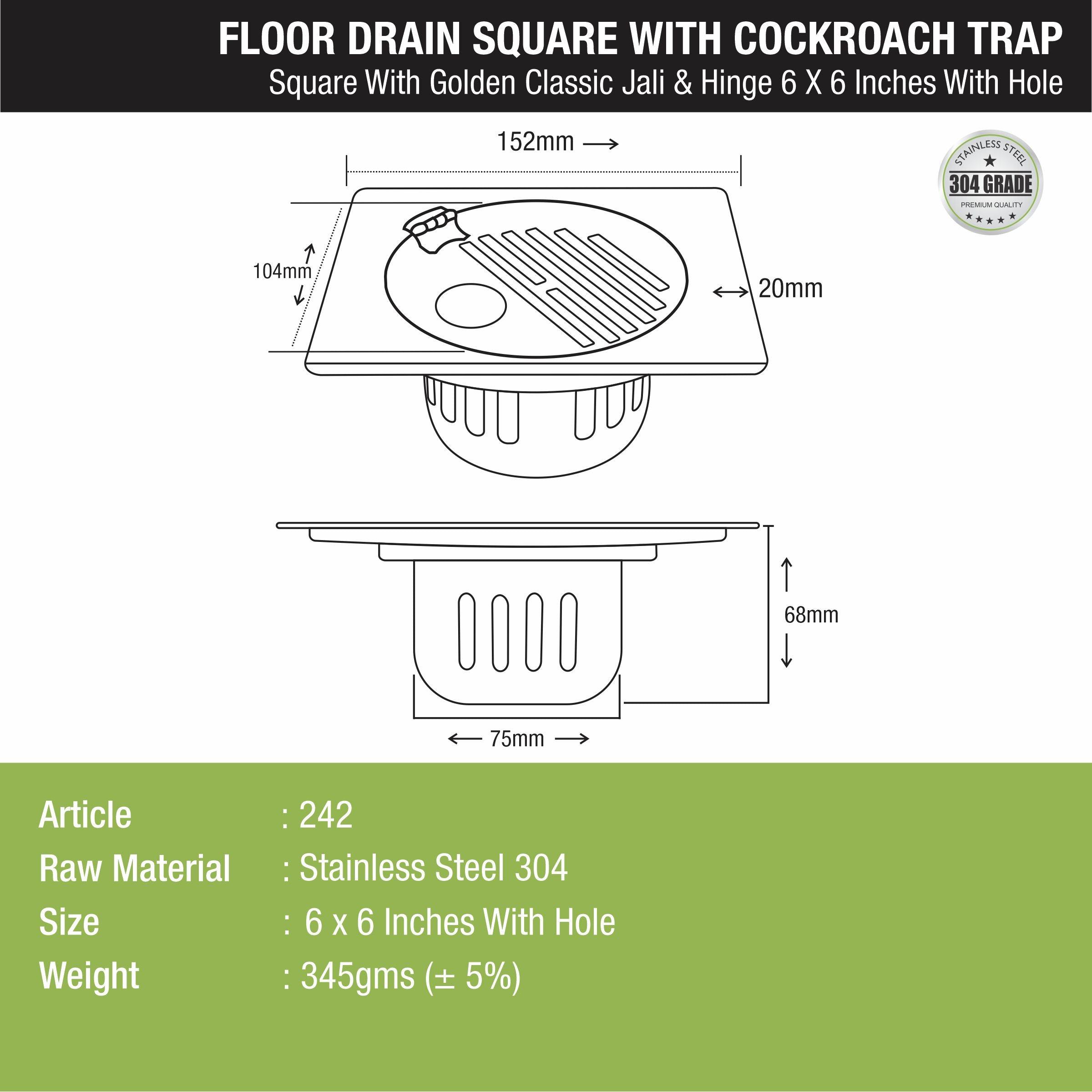 Golden Classic Jali Square Floor Drain (6 x 6 Inches) with Hinge, Hole and Cockroach Trap - LIPKA - Lipka Home