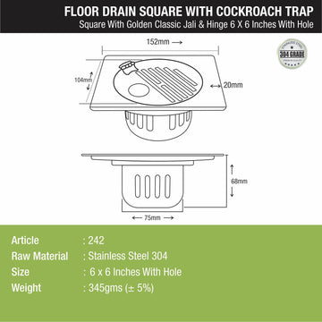Golden Classic Jali Square Floor Drain (6 x 6 Inches) with Hinge, Hole and Cockroach Trap - LIPKA - Lipka Home