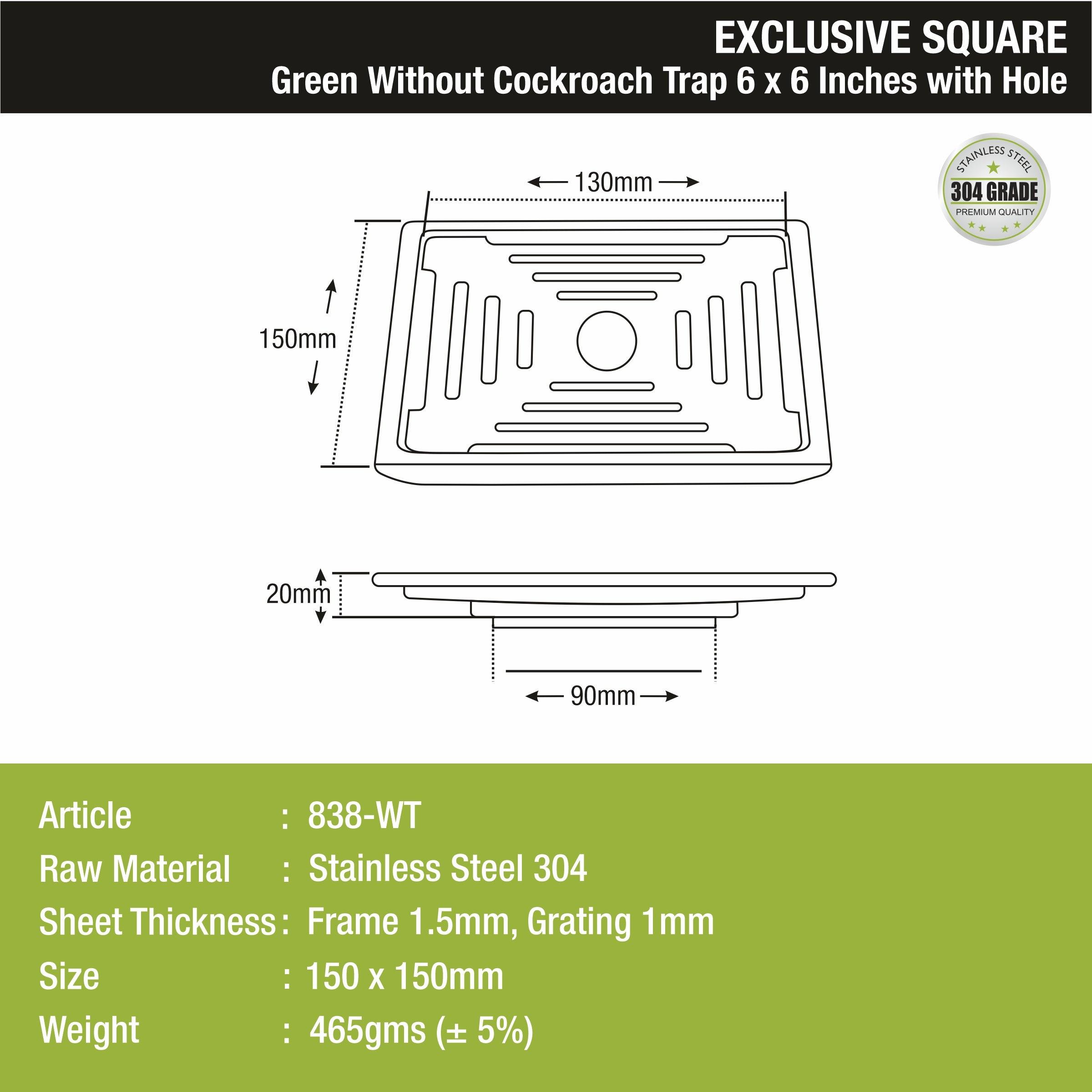 Green Exclusive Square Floor Drain (6 x 6 Inches) with Hole sizes and dimensions