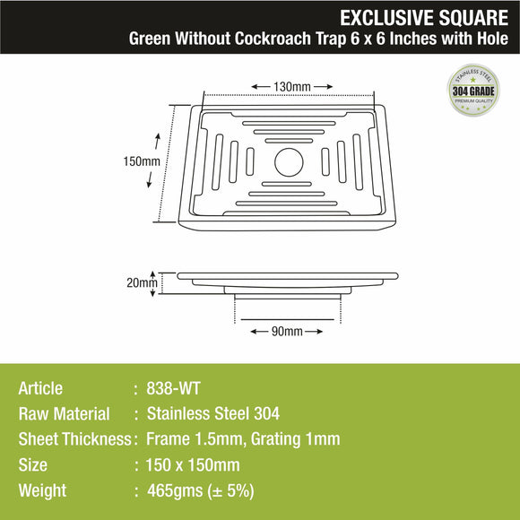 Green Exclusive Square Floor Drain (6 x 6 Inches) with Hole - LIPKA - Lipka Home
