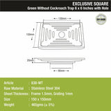 Green Exclusive Square Floor Drain (6 x 6 Inches) with Hole sizes and dimensions