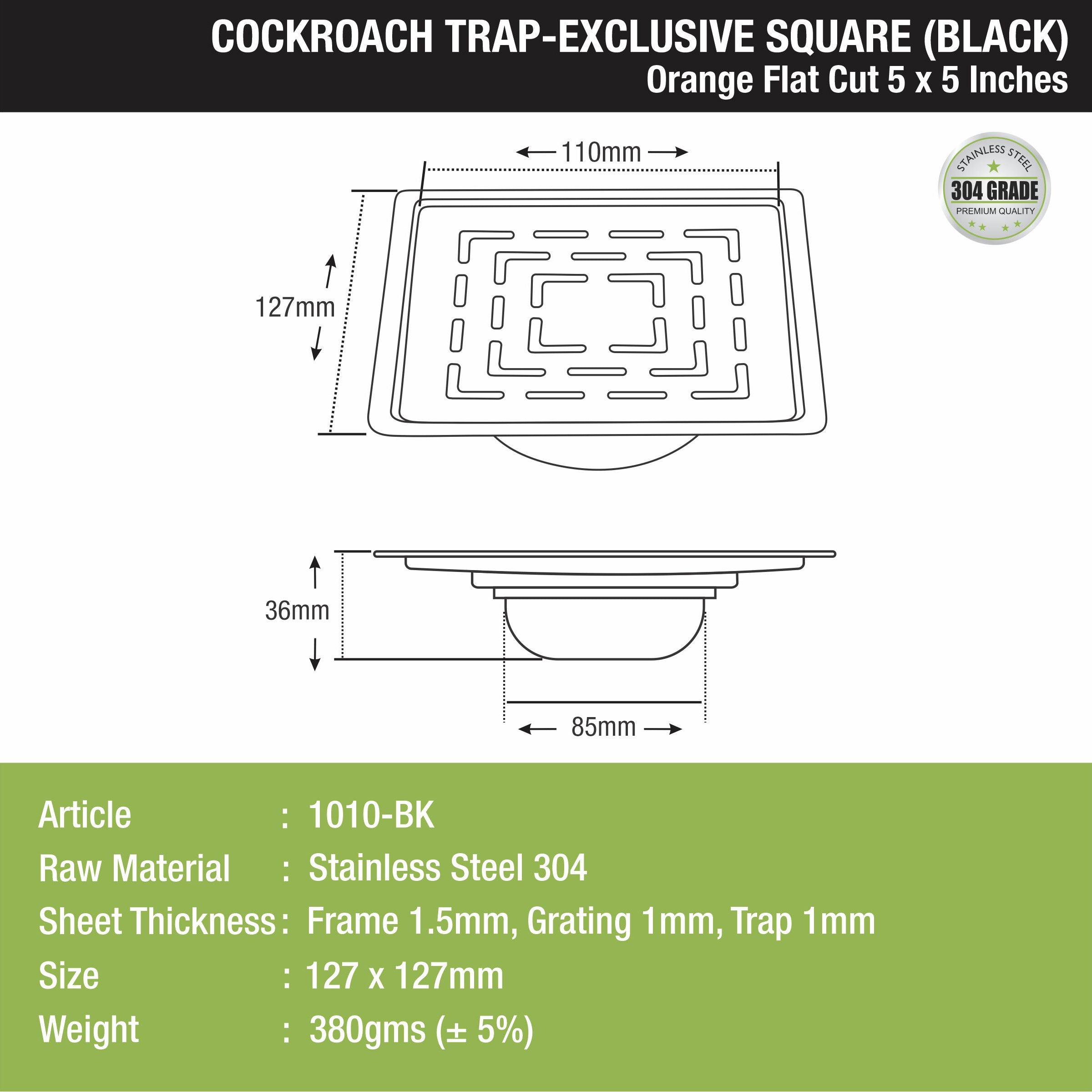 Orange Exclusive Square Flat Cut Floor Drain in Black PVD Coating (5 x 5 Inches) with Cockroach Trap  size and mesurement