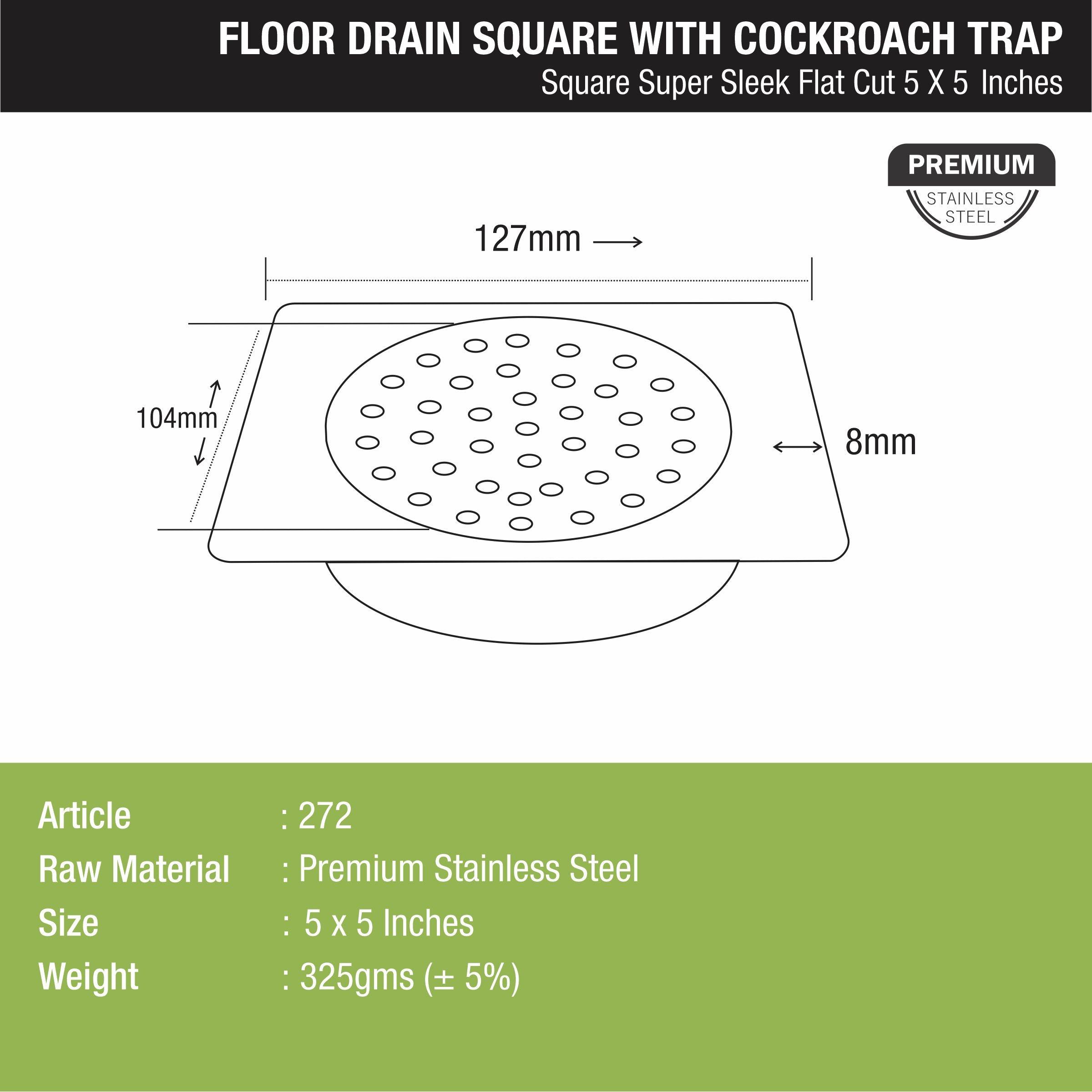 Super Sleek Square Flat Cut Floor Drain (5 x 5 Inches) with Cockroach Trap - LIPKA - Lipka Home
