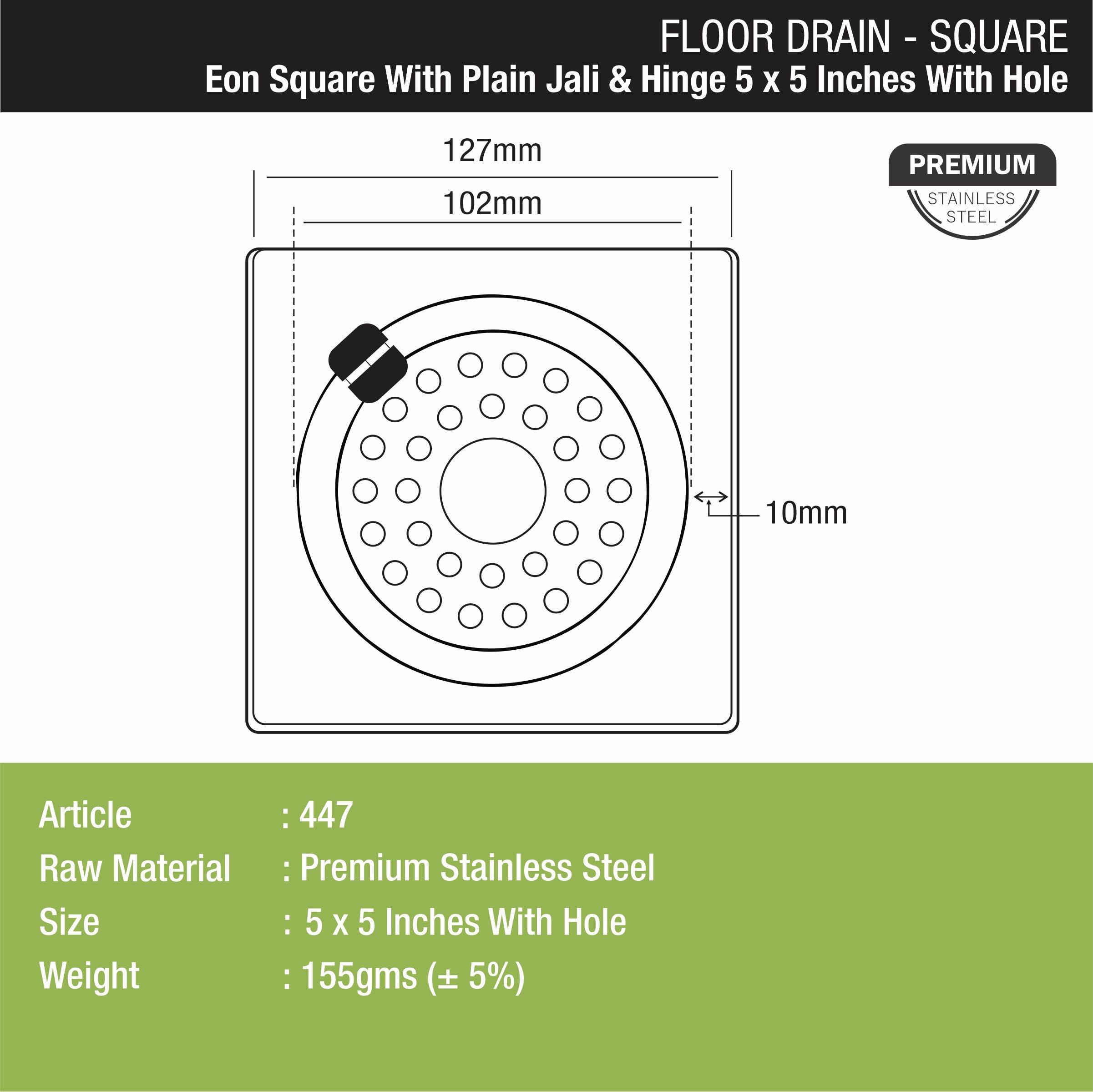 Eon Square Floor Drain with Plain Jali, Hinge and Hole (5 x 5 Inches) - LIPKA - Lipka Home