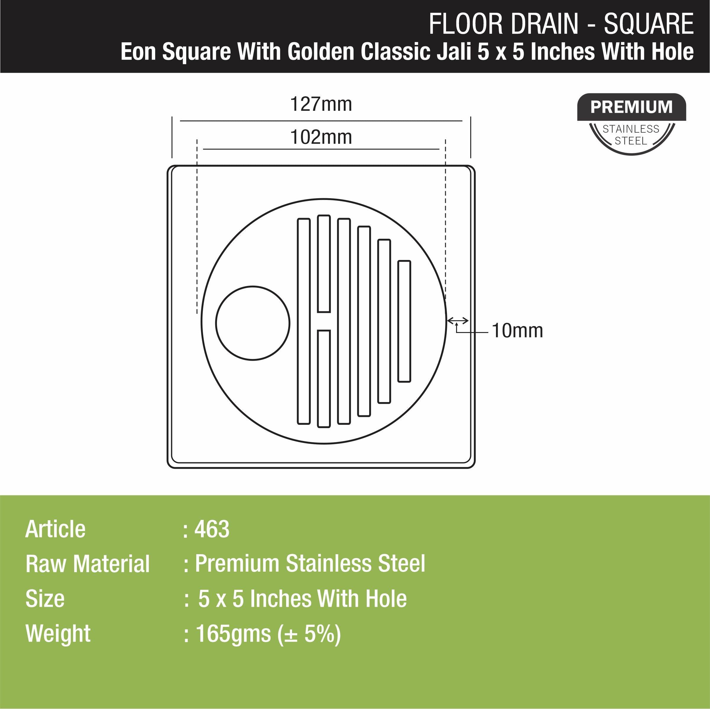 Eon Square Floor Drain with Golden Classic Jali and Hole (5 x 5 Inches) - LIPKA