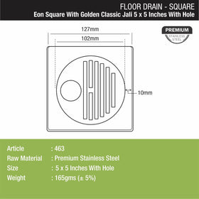 Eon Square Floor Drain with Golden Classic Jali and Hole (5 x 5 Inches) - LIPKA - Lipka Home