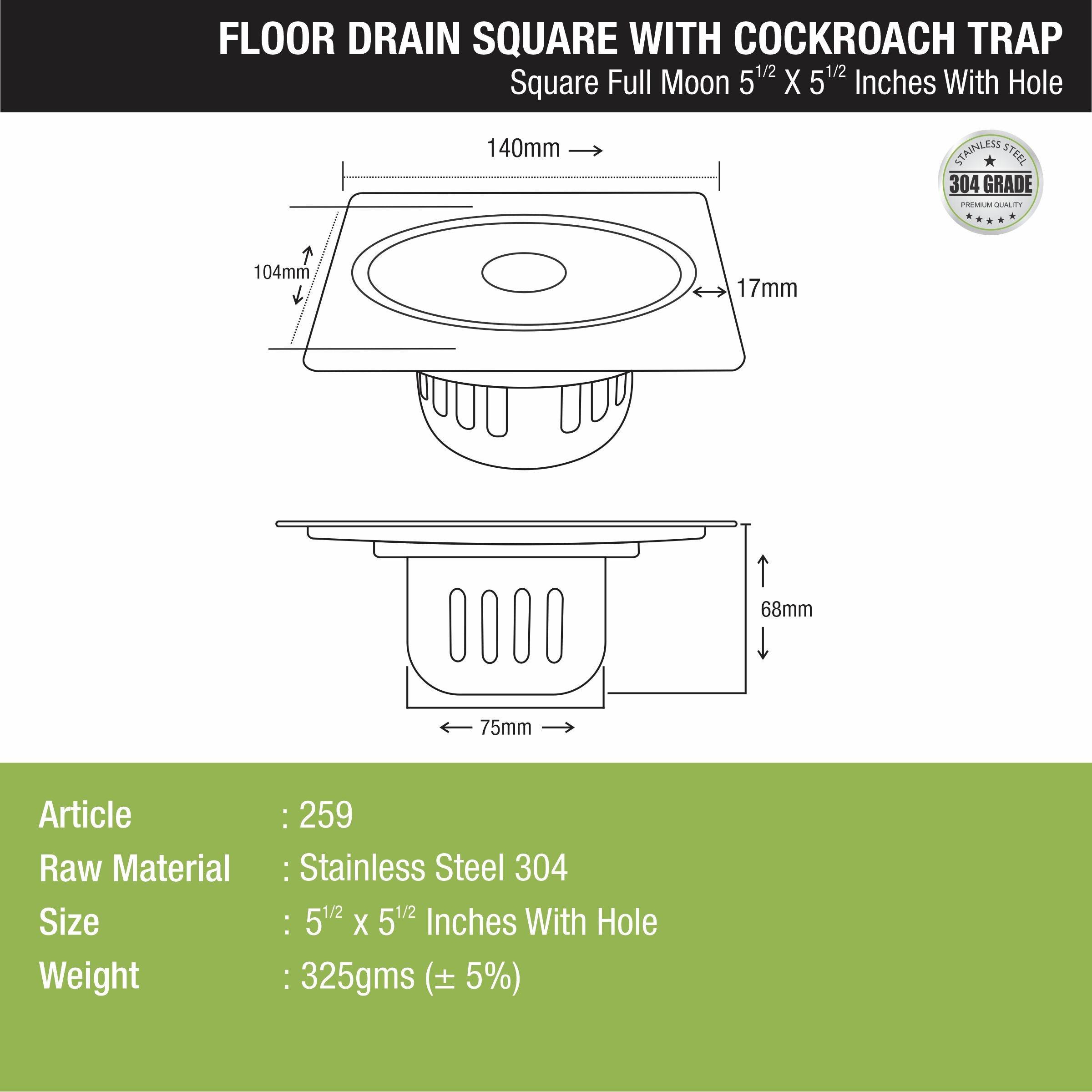 Full Moon Square Floor Drain (5.5 x 5.5 Inches) with Hole and Cockroach Trap - LIPKA - Lipka Home