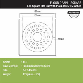 Eon Square Flat Cut Floor Drain with Plain Jali and Hole (5 x 5 Inches) - LIPKA - Lipka Home