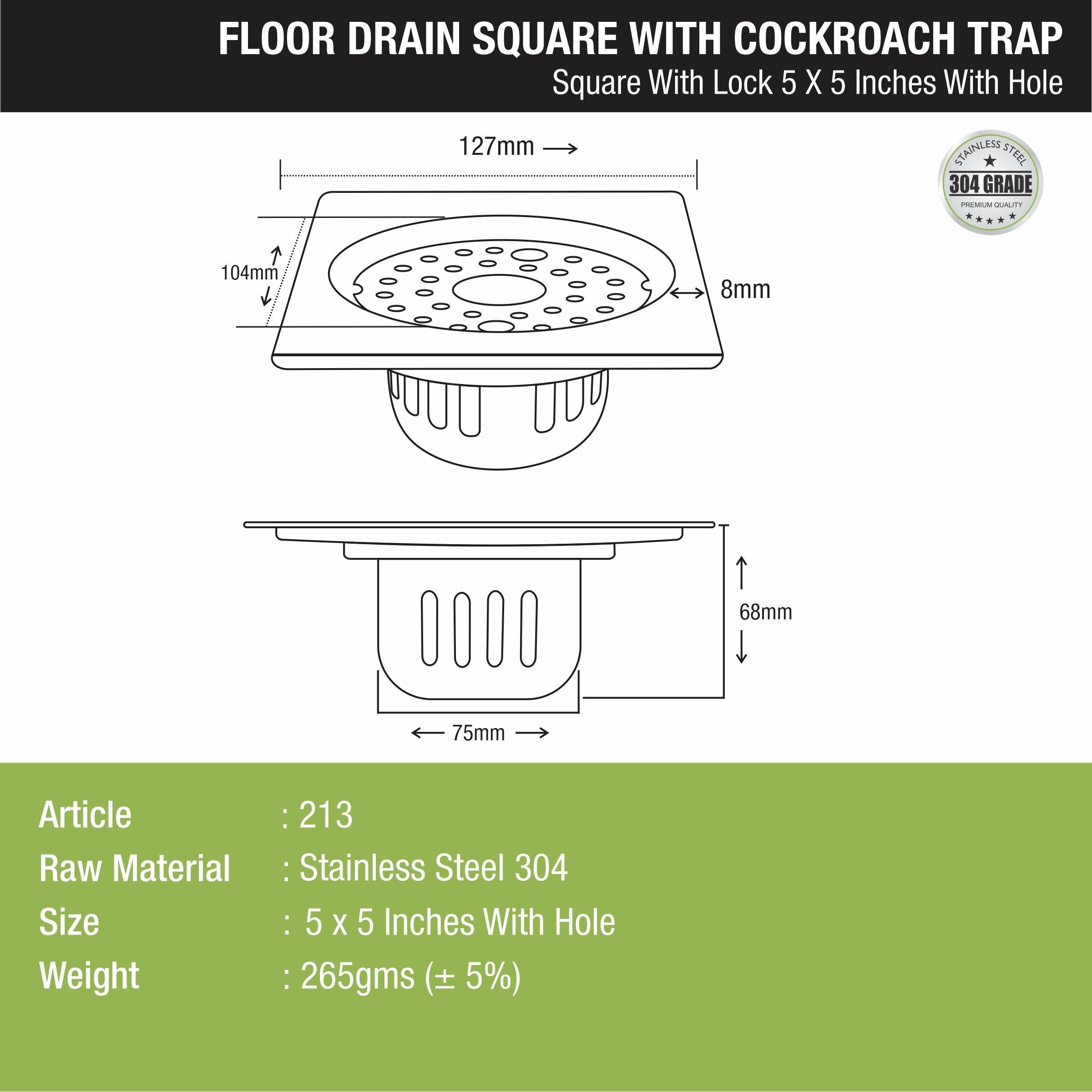Square Floor Drain (5 x 5 Inches) with Lock, Hole and Cockroach Trap - LIPKA - Lipka Home
