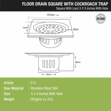 Square Floor Drain (5 x 5 Inches) with Lock, Hole and Cockroach Trap - LIPKA - Lipka Home