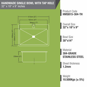 Handmade Single Bowl 304-Grade Kitchen Sink with Tap Hole (32 x 18 x 9 Inches) - LIPKA - Lipka Home