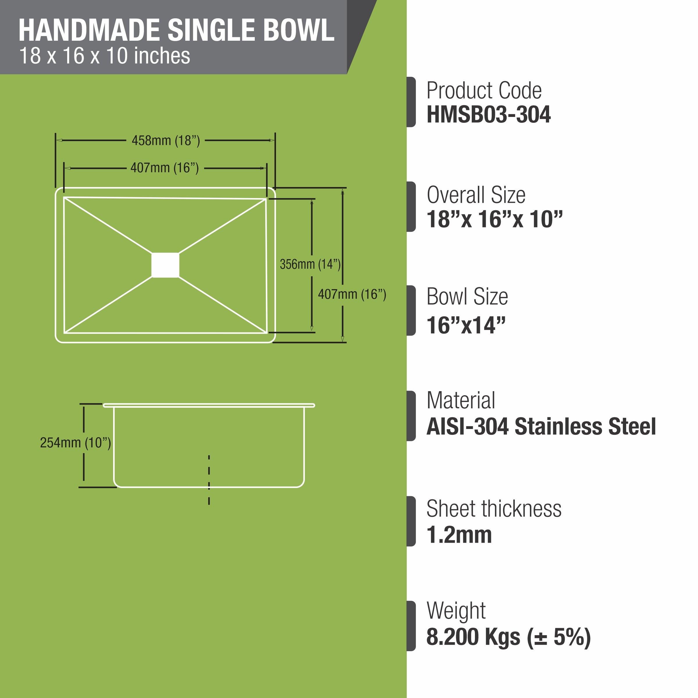 Handmade Single Bowl 304-Grade Kitchen Sink (18 x 16 x 10 Inches) - LIPKA - Lipka Home