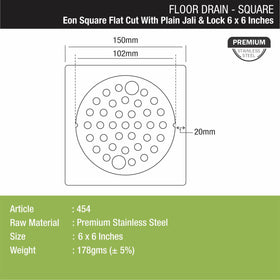 Eon Square Flat Cut Floor Drain with Plain Jali and Lock (6 x 6 Inches) - LIPKA - Lipka Home