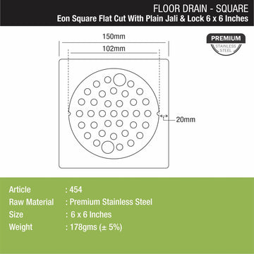 Eon Square Flat Cut Floor Drain with Plain Jali and Lock (6 x 6 Inches) - LIPKA - Lipka Home