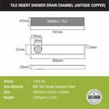 Tile Insert Shower Drain Channel - Antique Copper (32 x 2 Inches) sizes and dimensions