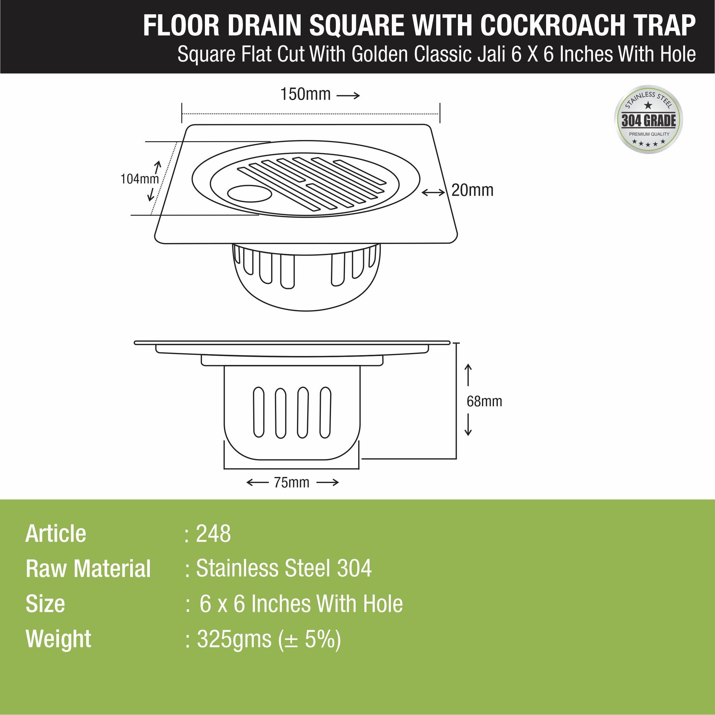 Golden Classic Jali Square Flat Cut Floor Drain (6 X 6 Inches) With Hole And Cockroach Trap - LIPKA - Lipka Home