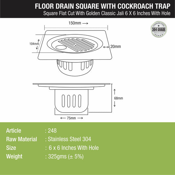 Golden Classic Jali Square Flat Cut Floor Drain (6 X 6 Inches) With Hole And Cockroach Trap - LIPKA - Lipka Home