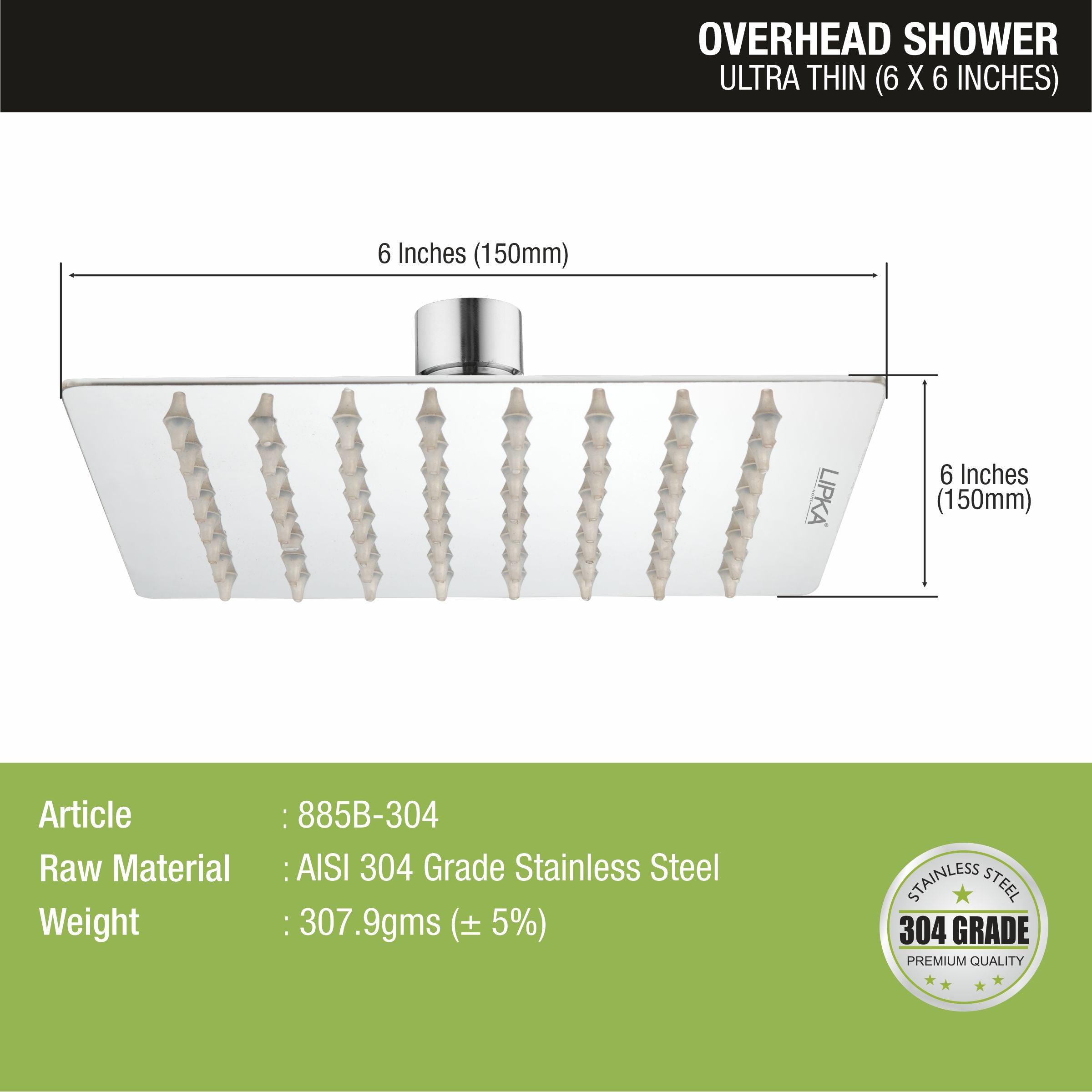 Ultra Thin 304-Grade Overhead Rain Shower (6 x 6 Inches) sizes and dimensions