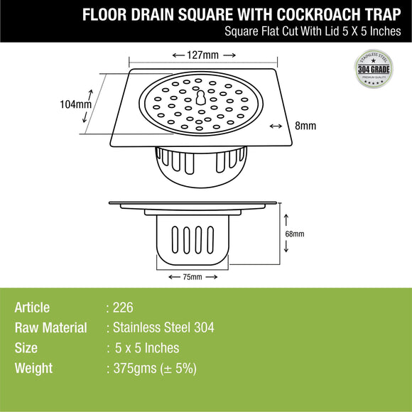 Square Flat Cut Floor Drain (5 x 5 Inches) with Lid and Cockroach Trap - LIPKA - Lipka Home