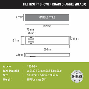 Tile Insert Shower Drain Channel - Black (40 x 2 Inches) - LIPKA - Lipka Home