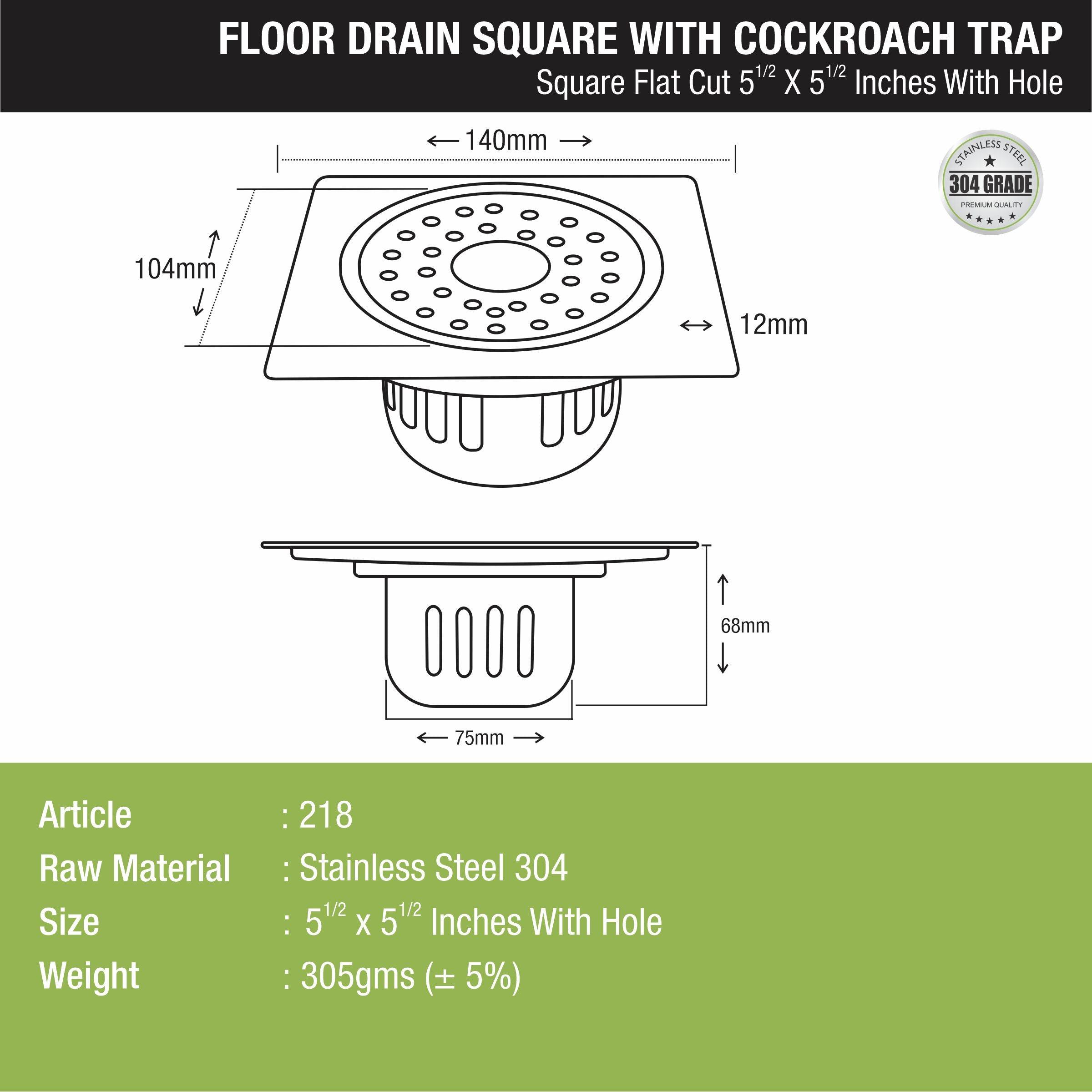 Square Flat Cut Floor Drain (5.5 x 5.5 Inches) with Hole and Cockroach Trap - LIPKA - Lipka Home