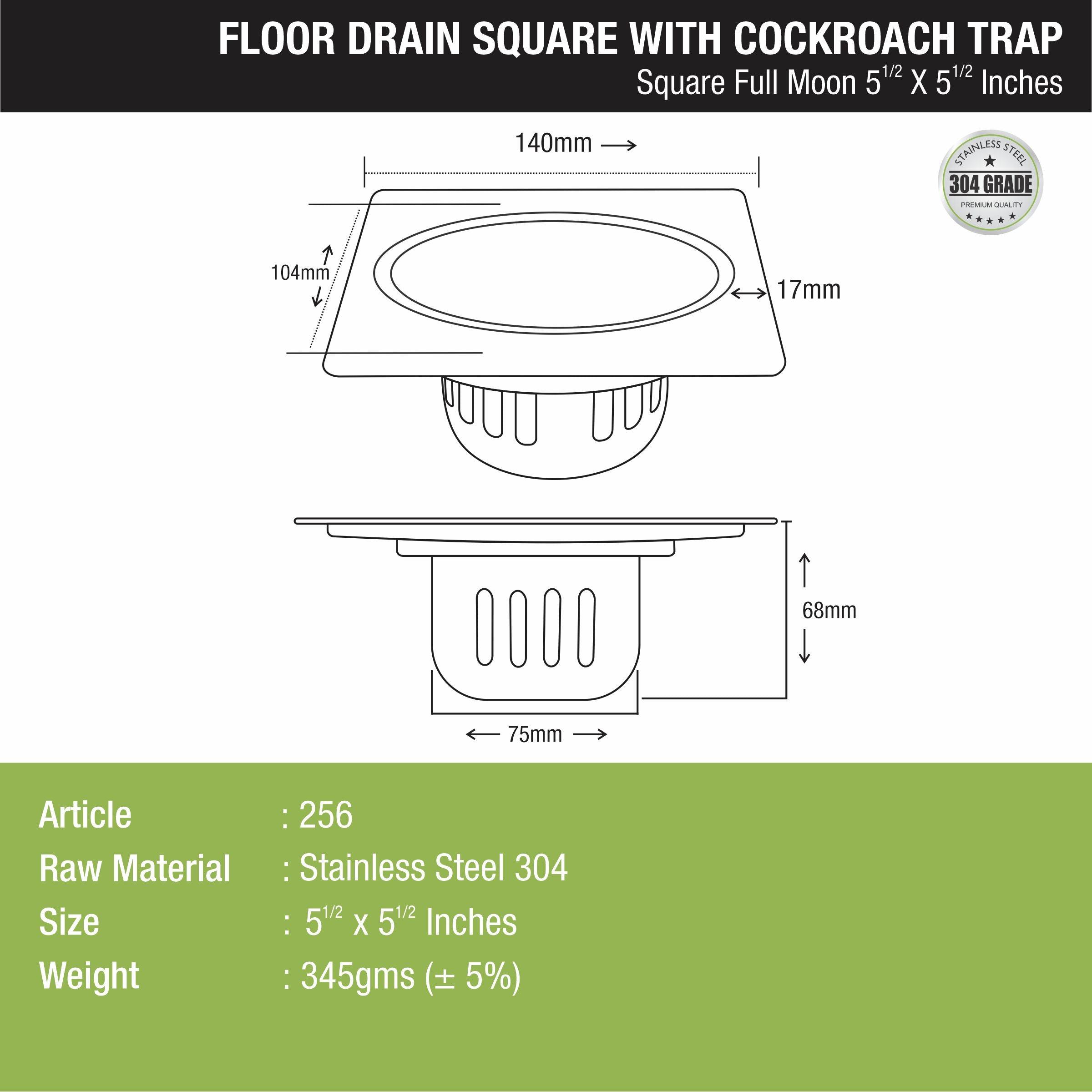Full Moon Square Floor Drain (5.5 x 5.5 Inches) with Cockroach Trap - LIPKA - Lipka Home
