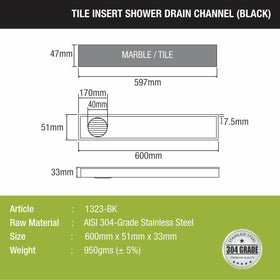 Tile Insert Shower Drain Channel - Black (24 x 2 Inches) - LIPKA - Lipka Home