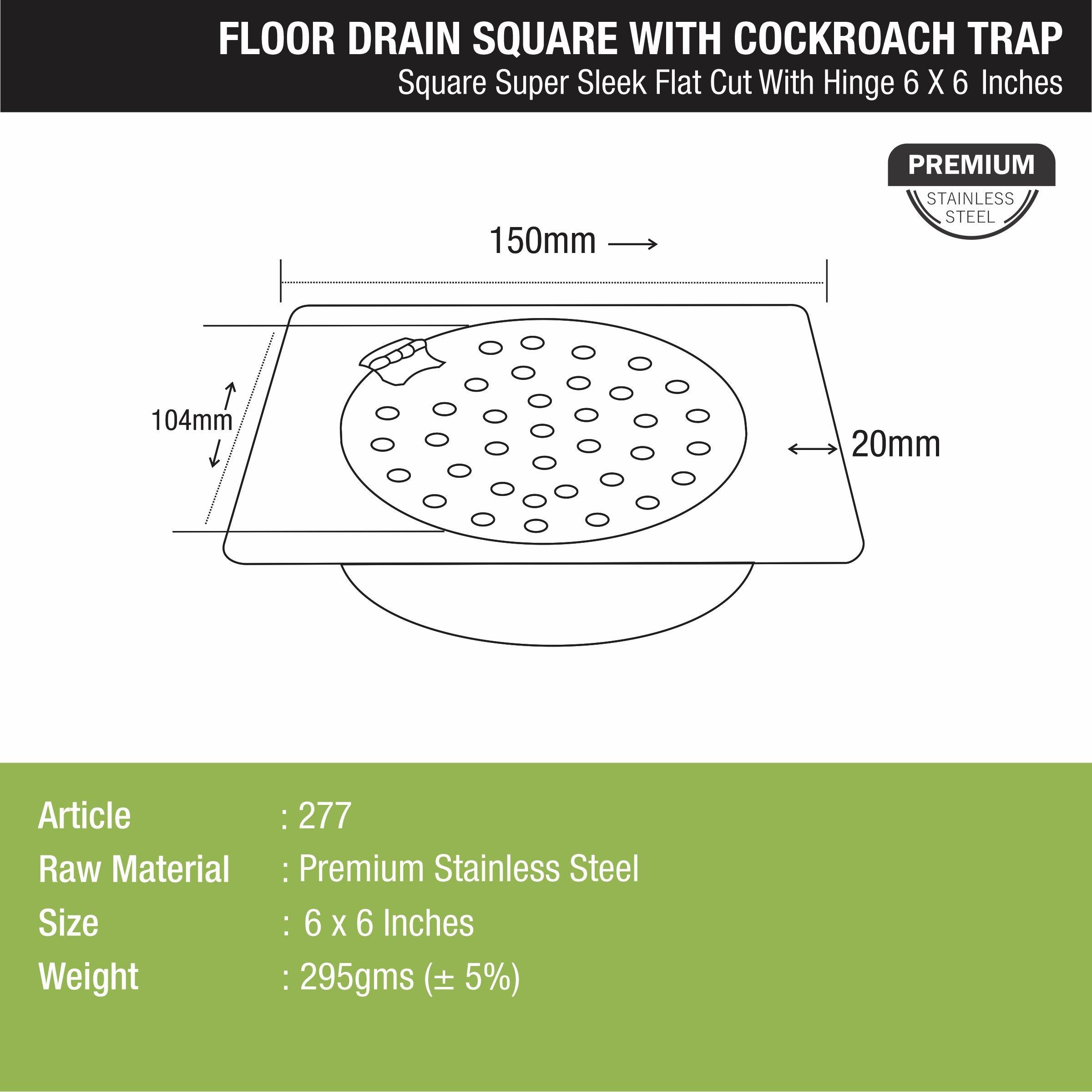 Super Sleek Square Flat Cut Floor Drain (6 x 6 Inches) with Hinge and Cockroach Trap - LIPKA - Lipka Home