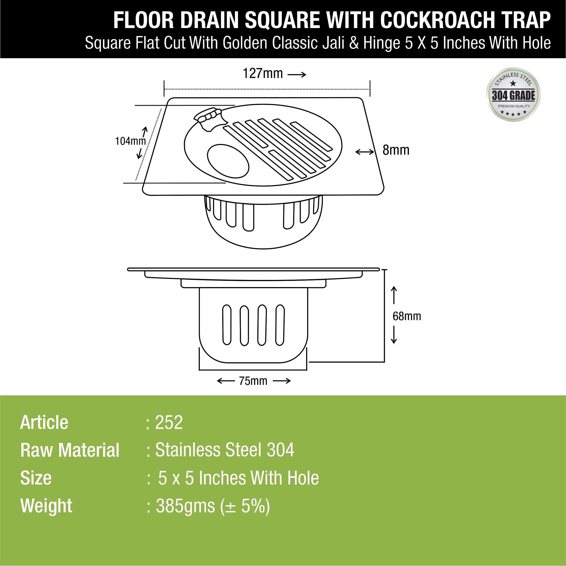 Golden Classic Jali Square Flat Cut Floor Drain (5 x 5 Inches) with Hinge, Hole and Cockroach Trap - LIPKA - Lipka Home