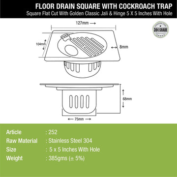 Golden Classic Jali Square Flat Cut Floor Drain (5 x 5 Inches) with Hinge, Hole and Cockroach Trap - LIPKA - Lipka Home