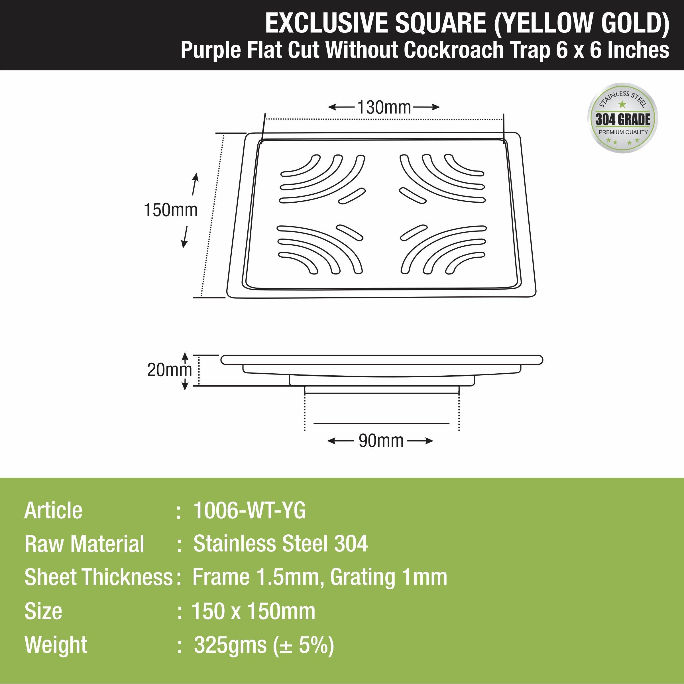 Purple Exclusive Square Flat Cut Floor Drain in Yellow Gold PVD Coating (6 x 6 Inches) - LIPKA - Lipka Home