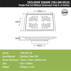 Purple Exclusive Square Flat Cut Floor Drain in Yellow Gold PVD Coating (6 x 6 Inches) - LIPKA - Lipka Home