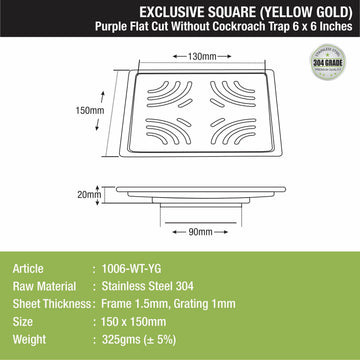 Purple Exclusive Square Flat Cut Floor Drain in Yellow Gold PVD Coating (6 x 6 Inches) - LIPKA - Lipka Home