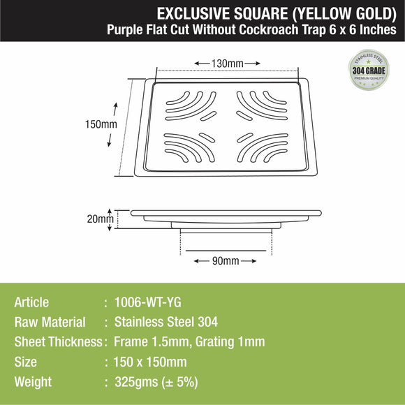 Purple Exclusive Square Flat Cut Floor Drain in Yellow Gold PVD Coating (6 x 6 Inches) - LIPKA - Lipka Home