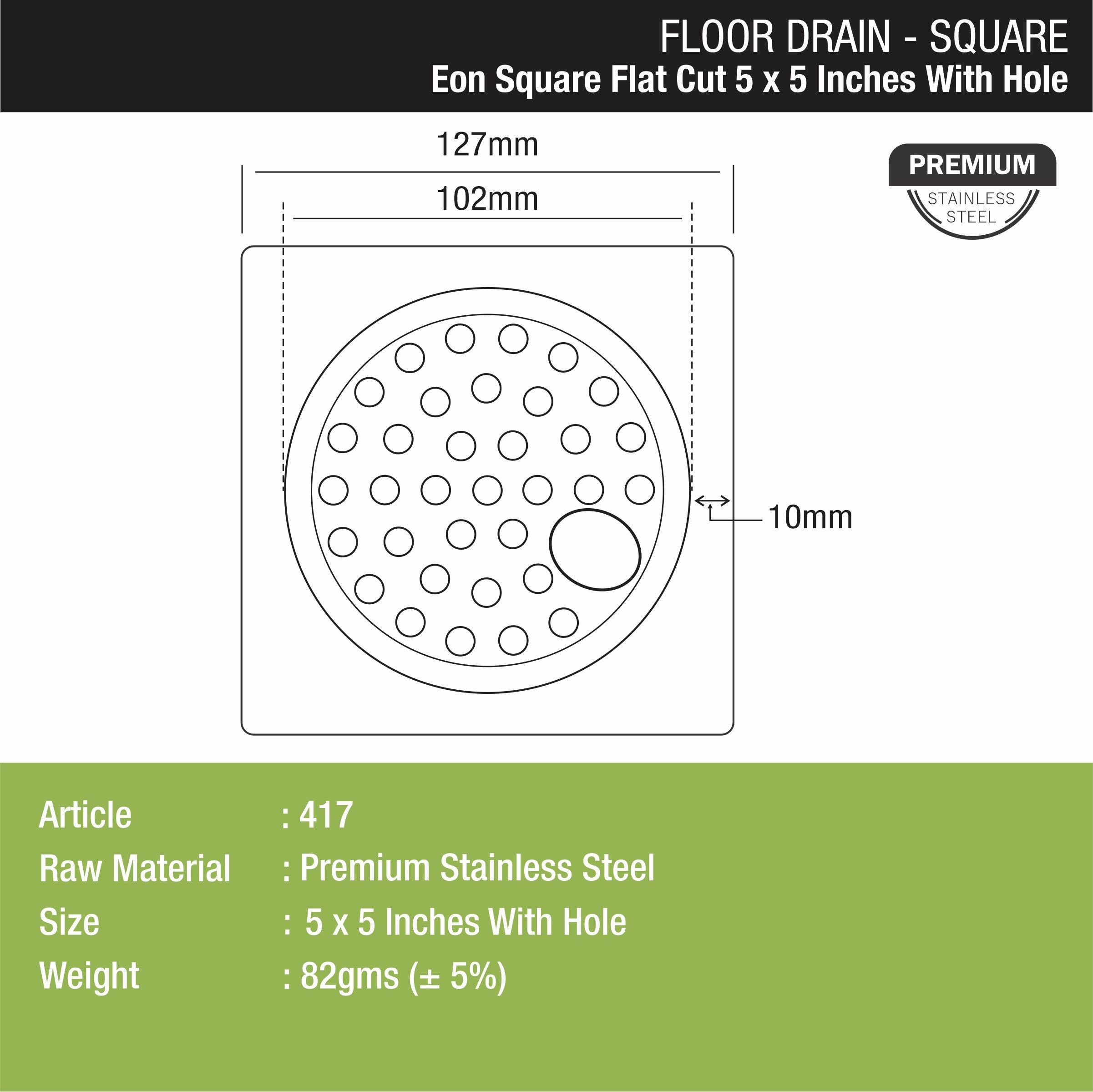 EON Square Flat Cut Floor Drain (5 x 5 Inches) with Hole - LIPKA