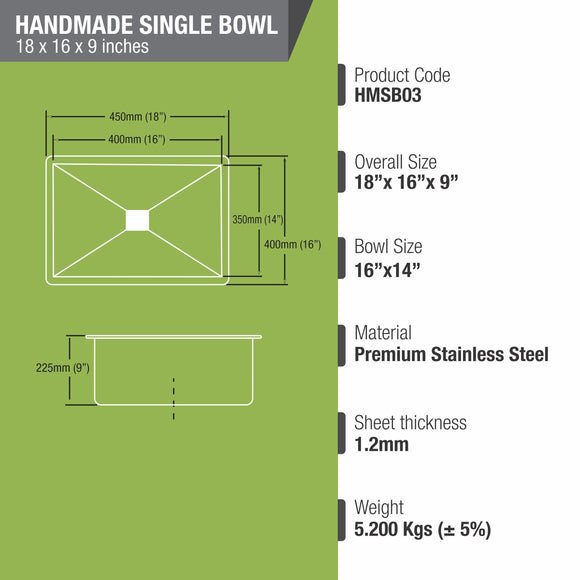 Handmade Single Bowl Kitchen Sink (18 x 16 x 10 Inches) - LIPKA - Lipka Home