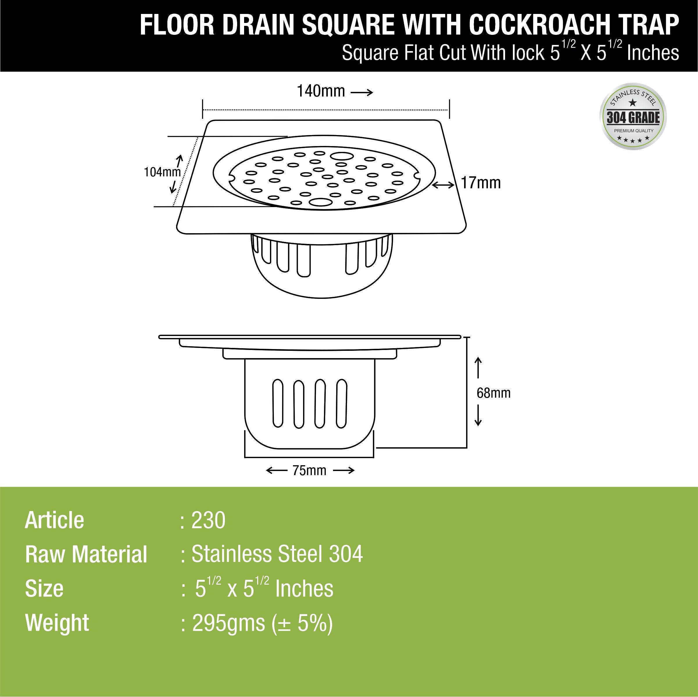 Square Flat Cut Floor Drain (5.5 x 5.5 Inches) with Lock and Cockroach Trap - LIPKA - Lipka Home