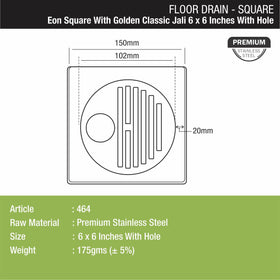 Eon Square Floor Drain with Golden Classic Jali and Hole (6 x 6 Inches) - LIPKA - Lipka Home