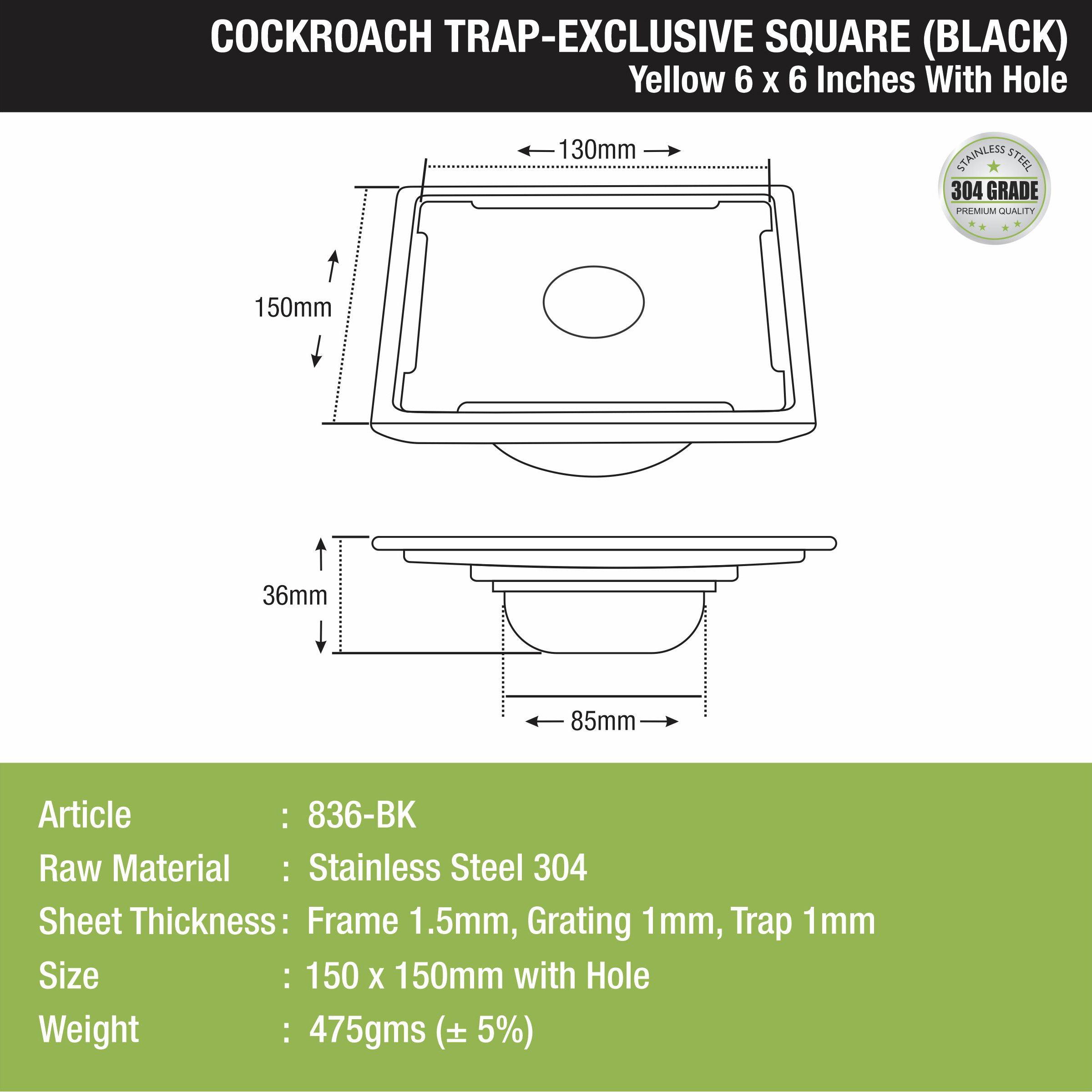 Yellow Exclusive Square Floor Drain in Black PVD Coating (6 x 6 Inches) with Hole & Cockroach Trap - LIPKA - Lipka Home