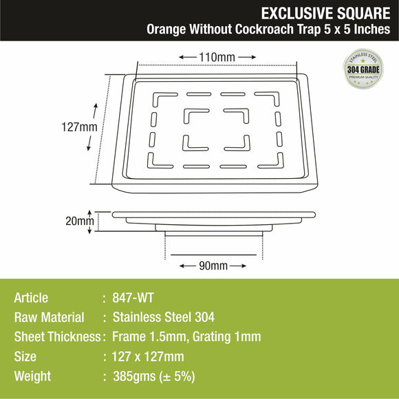 Orange Exclusive Square Floor Drain (5 x 5 Inches) - LIPKA - Lipka Home