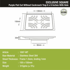 Purple Exclusive Square Flat Cut Floor Drain (6 x 6 Inches) with Hole - LIPKA - Lipka Home