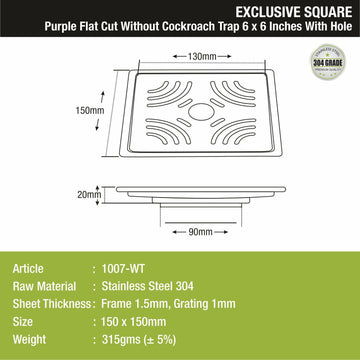 Purple Exclusive Square Flat Cut Floor Drain (6 x 6 Inches) with Hole - LIPKA - Lipka Home
