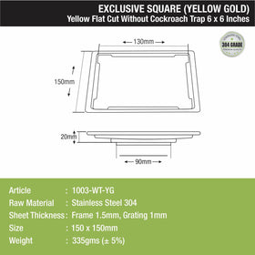 Yellow Exclusive Square Flat Cut Floor Drain in Yellow Gold PVD Coating (6 x 6 Inches) - LIPKA - Lipka Home