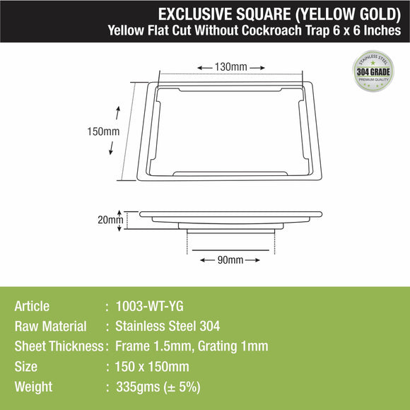 Yellow Exclusive Square Flat Cut Floor Drain in Yellow Gold PVD Coating (6 x 6 Inches) - LIPKA - Lipka Home