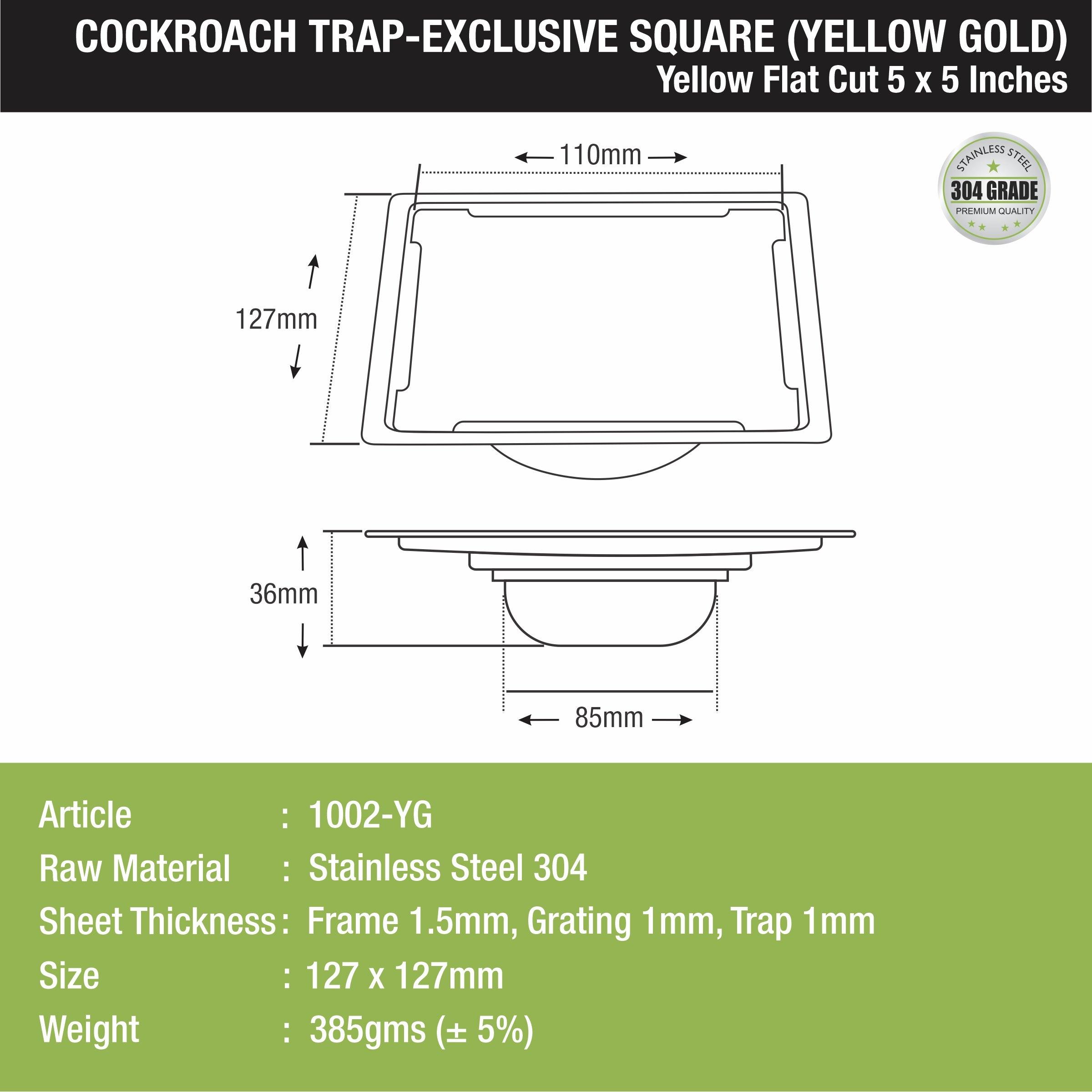 Yellow Exclusive Square Flat Cut Floor Drain in Yellow Gold PVD Coating (5 x 5 Inches) with Cockroach Trap - LIPKA - Lipka Home