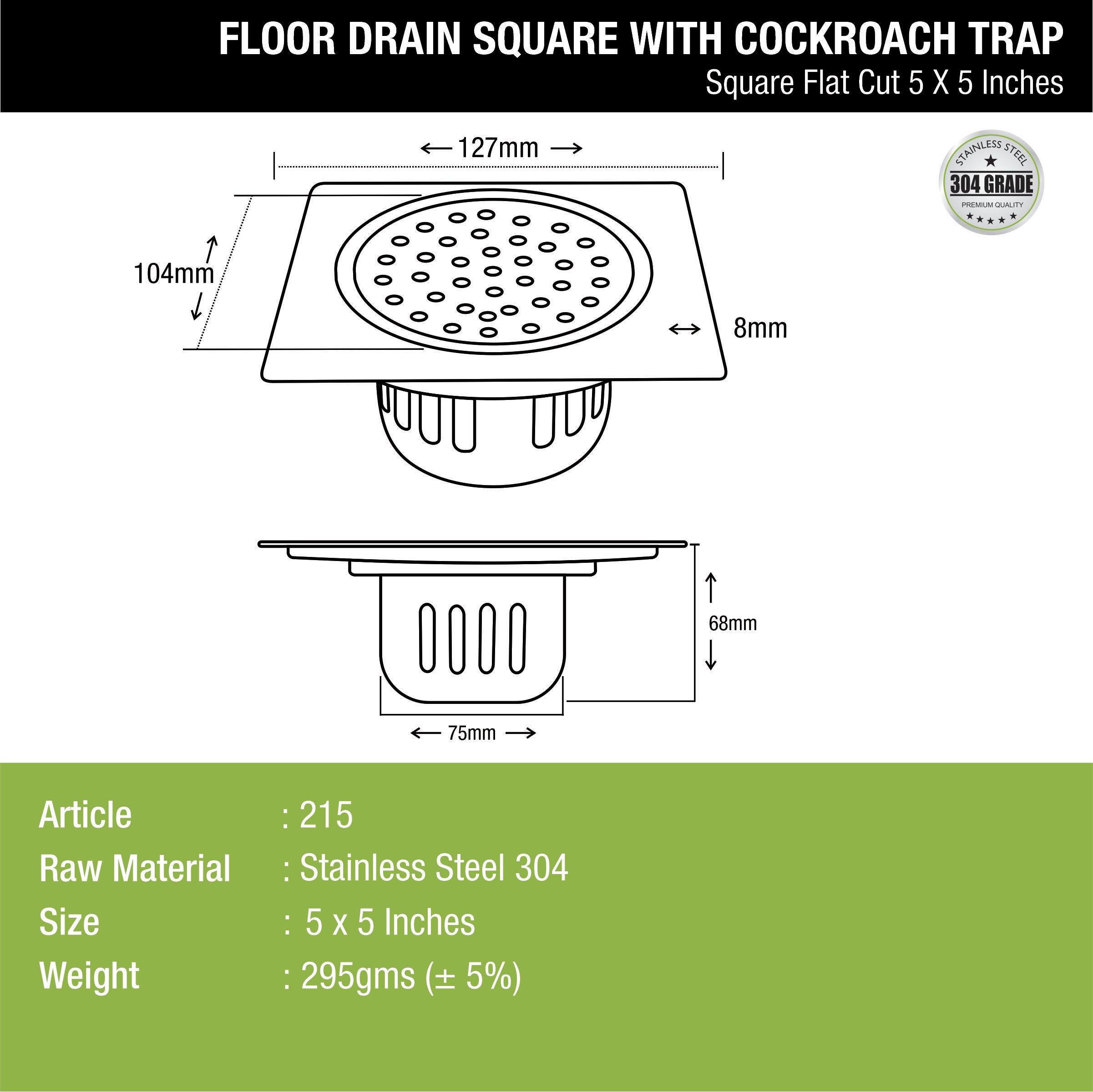 Square Flat Cut Floor Drain (5 x 5 Inches) with Cockroach Trap - LIPKA - Lipka Home